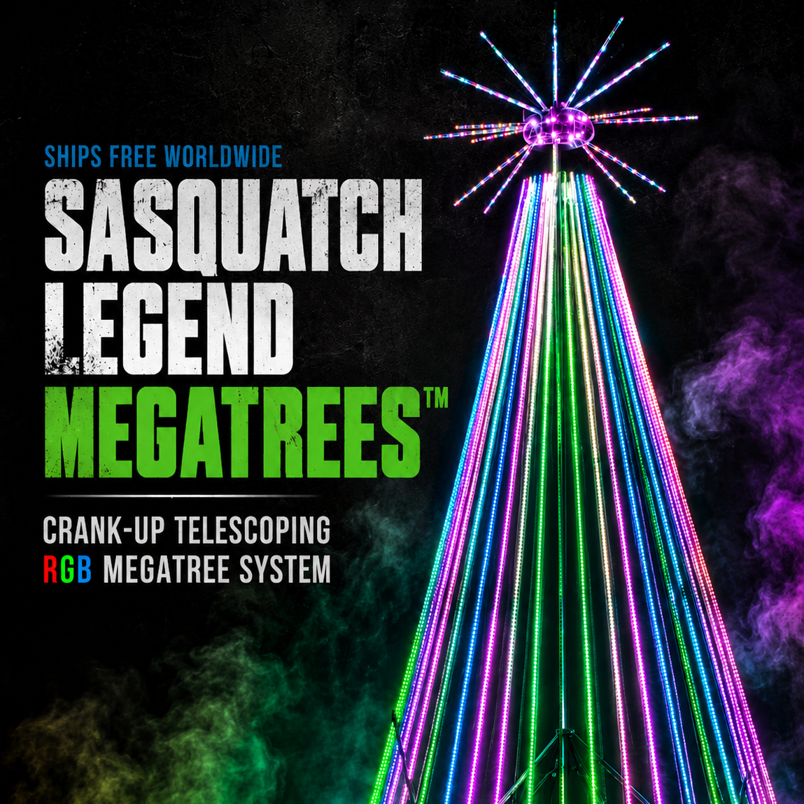 Ships Free Worldwide – Sasquatch Legend MegaTrees™ | Crank-Up Telescoping RGB MegaTree System (2026 Pre-Sale)