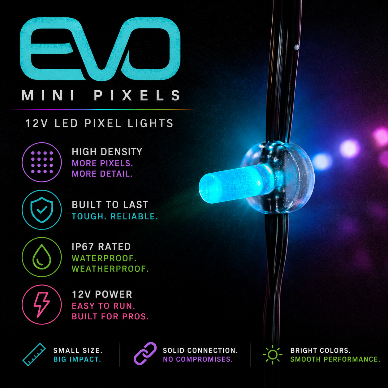 EVO Mini Pixels – High-Density, Durable 12V LED Pixel Lights, IP67 Waterproof