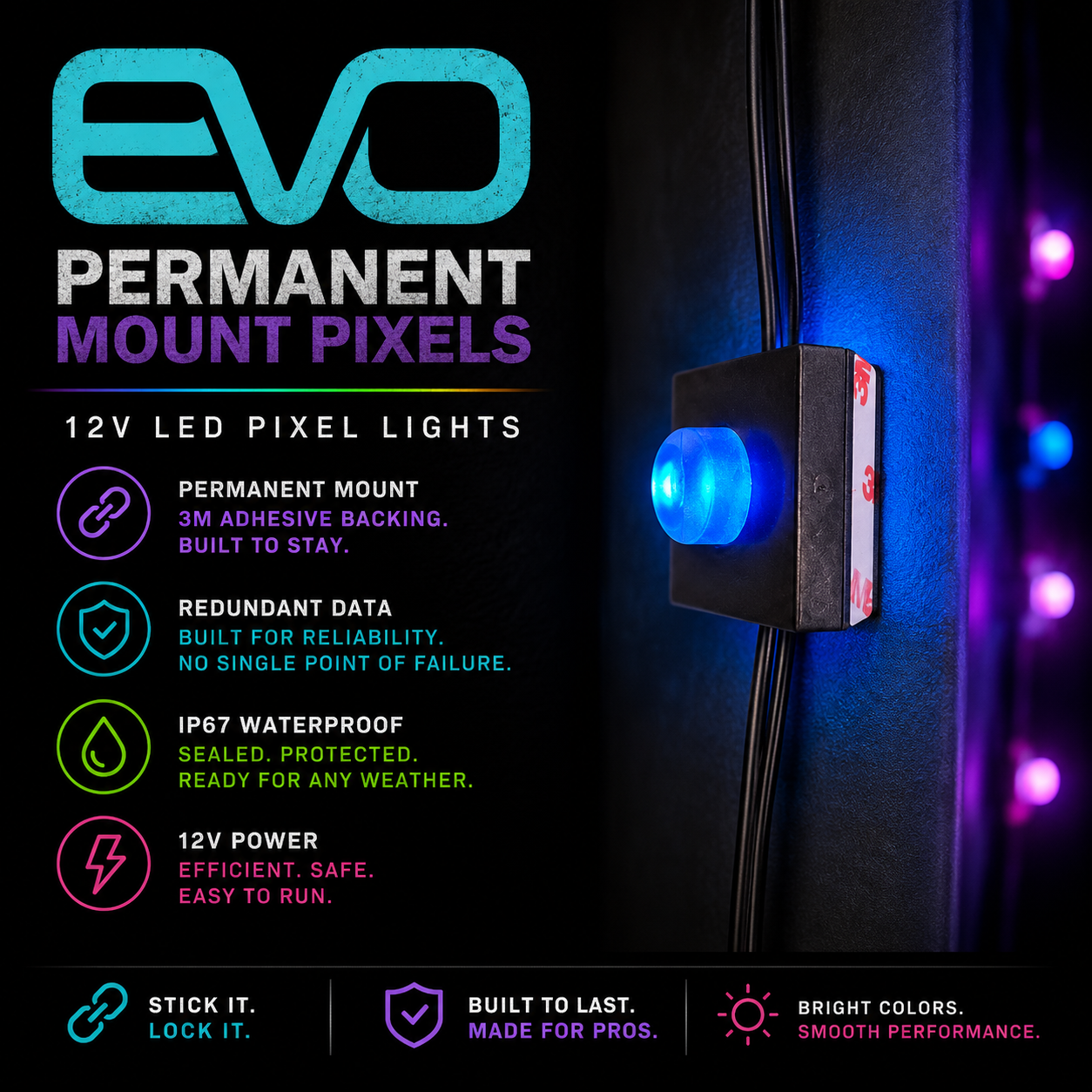 EVO Permanent Mount Pixels – Durable 12V LED Pixels with 3M Adhesive, Redundant Data, IP67 Waterproof