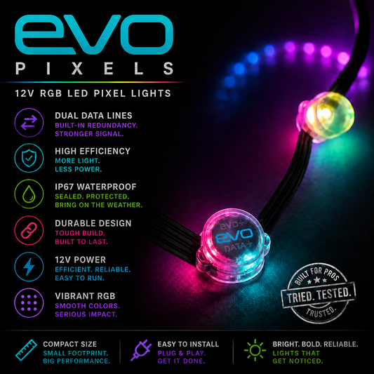 EVO+ Pixels – High-Efficiency 12V LED Pixels with Dual Data Lines, IP67 Waterproof